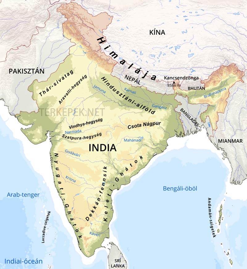 India domborzati térképe, India földrajzi jellemzőinek bemutatása