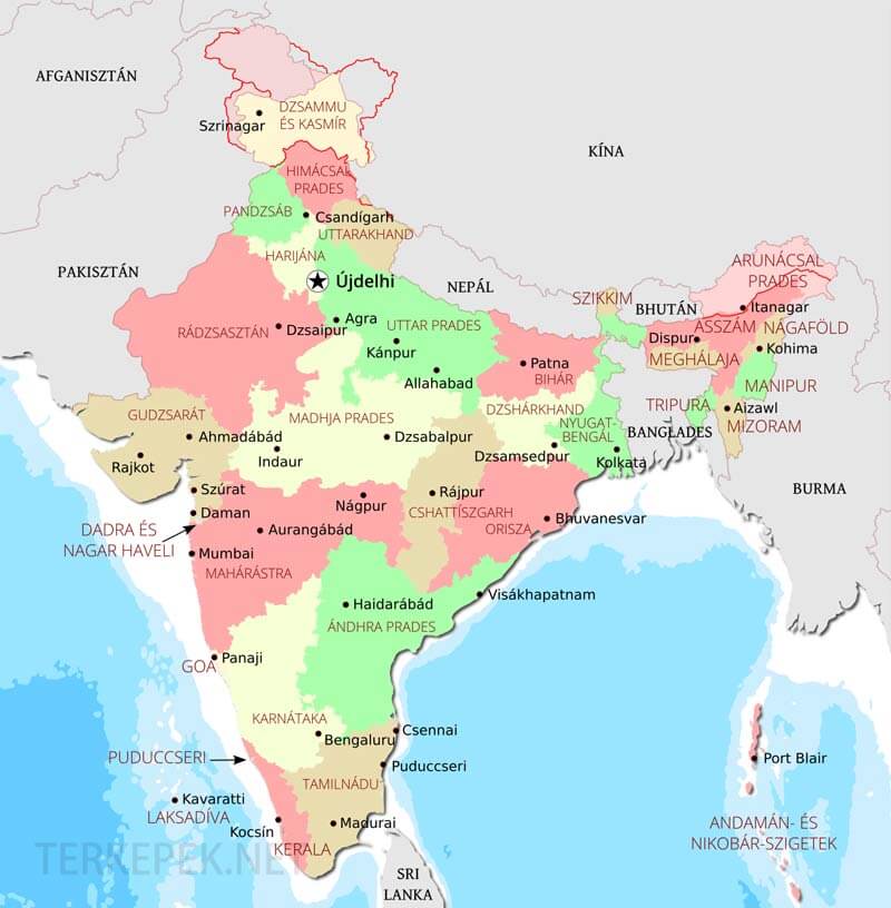 India közigazgatási térkép, India városaim államai és területei